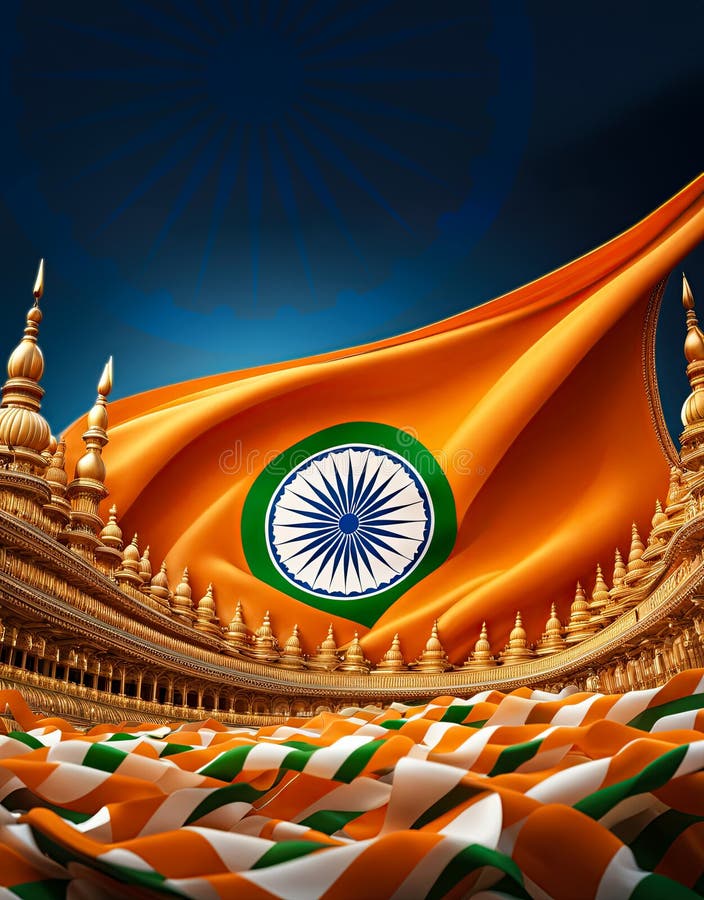 India Theme Illustration. Ashoka Chakra Symbol, Characteristic Building