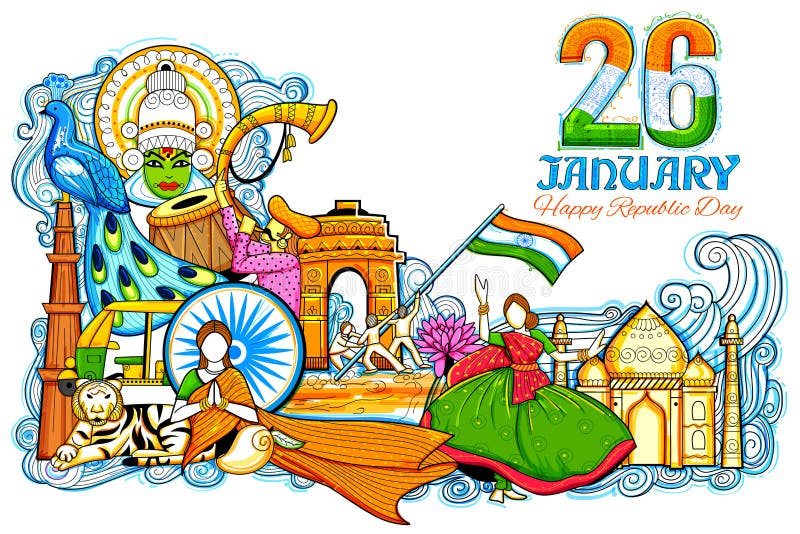 Indian background showing its incredible culture and diversity with monument, festival celebration for 26th January