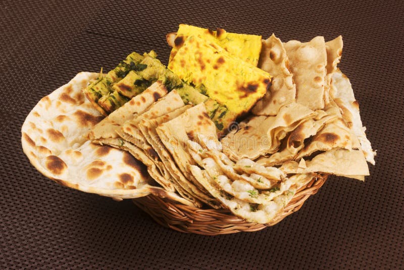 Indian Bread Basket which includes chapatis, roti. And parathas