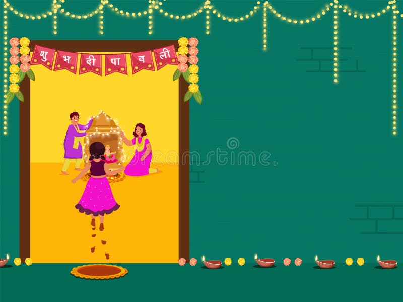 Indian Children Decorating Temple At Home With Lit Oil Lamps Diya, Traditional Toran And Lighting Garland Decorated On Teal Green Background For Diwali Celebration Concept