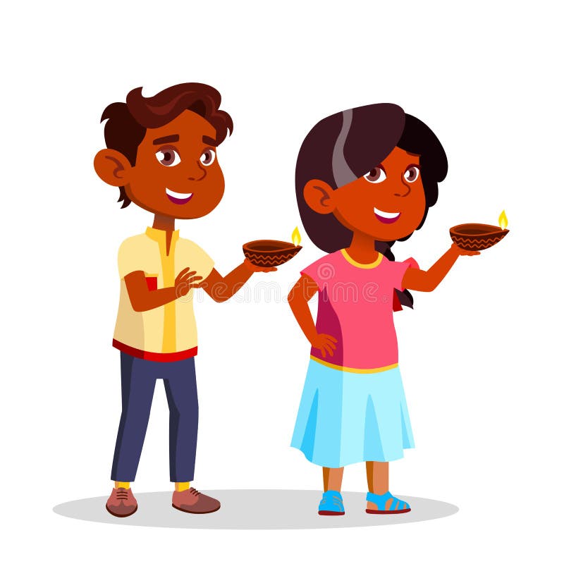 Indian Children In Diwali Festival Lighting Candles Vector Flat Cartoon Illustration