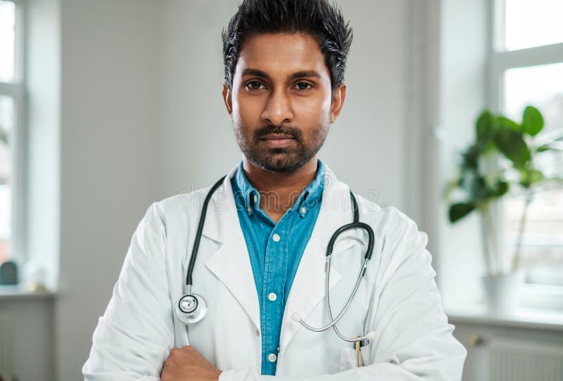 Indian Doctor with Stethoscope Around Neck in His Office Stock Image