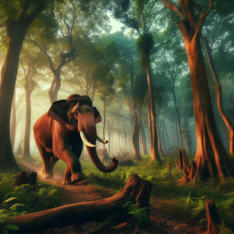 Indian elephant går genom asias monloskog stock illustrationer