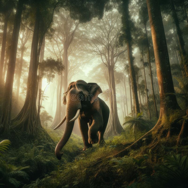 Indian elephant går genom asias monloskog stock illustrationer