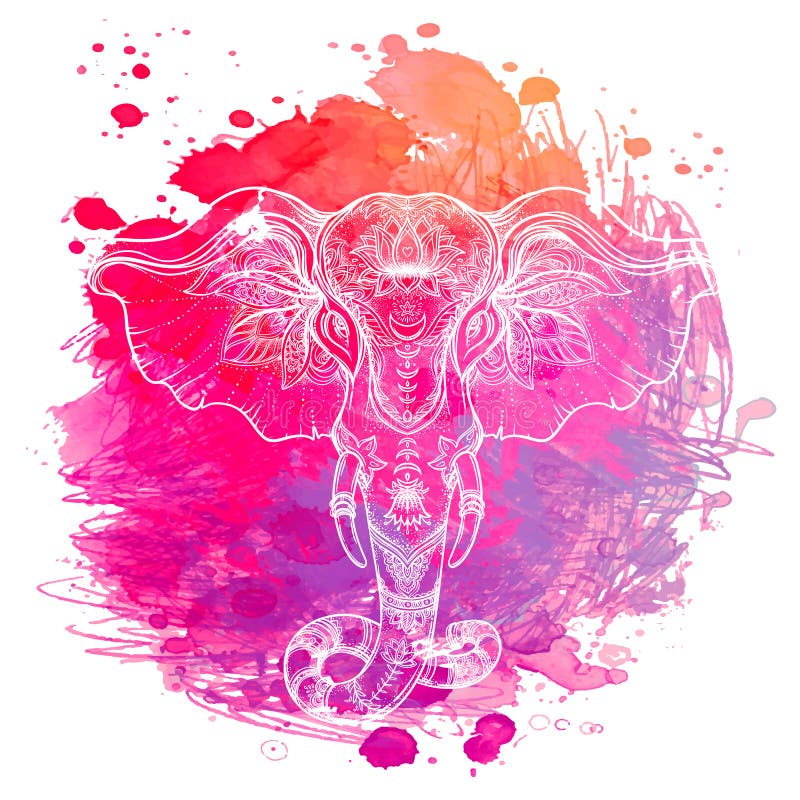 Indian elephant over watercolor background. tattoo art, yoga. Ha