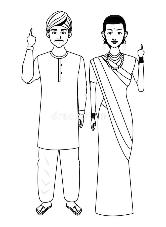 Indian Family Avatar Cartoon Character in Black and White Stock Vector ...
