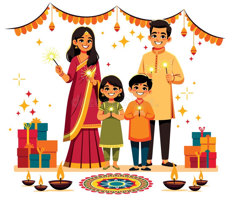 Flat style illustration of happy Indian family in traditional attire, celebrating Diwali. Flat style illustration of happy Indian family in traditional attire, celebrating Diwali.