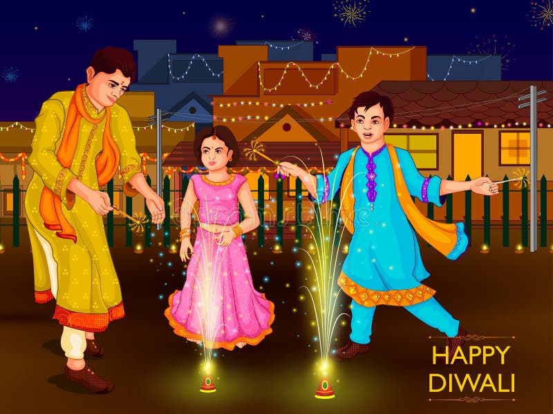 Indian family people celebrating Diwali festival of India in vector