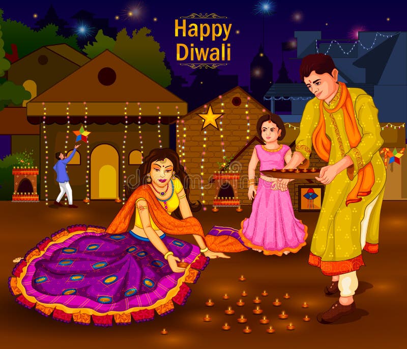 Indian family people celebrating Diwali festival of India in vector