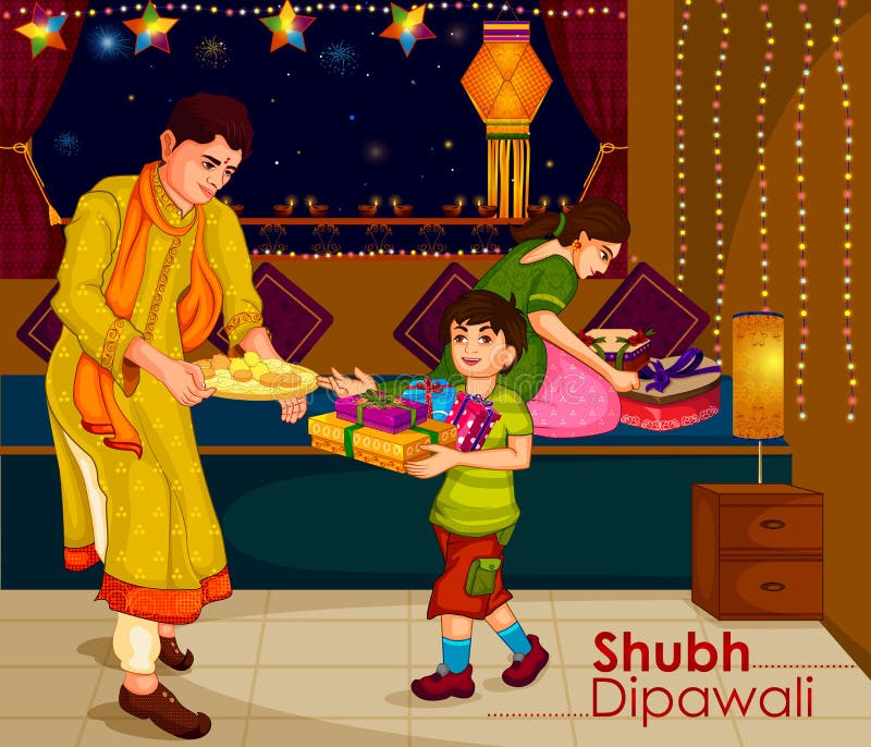 Indian family people celebrating Diwali festival of India in vector