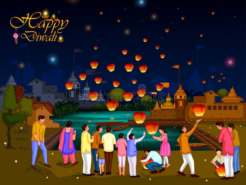 Indian family people celebrating Diwali festival of India in vector