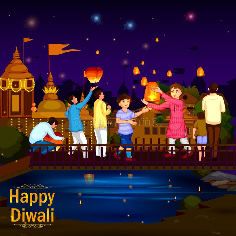 Indian family people celebrating Diwali festival of India in vector