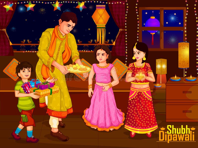 Indian family people celebrating Diwali festival of India in vector