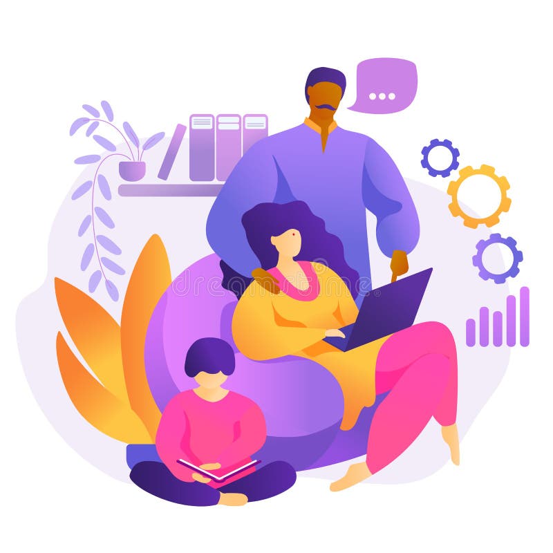 Indian family work together at home. husband helps wife to work online and child reads book. freelance. Concept for working, stock illustration Indian family work together at home. husband helps wife to work online and child reads book. freelance. Concept for working, stock illustration