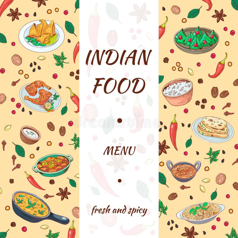 Thiết kế thực đơn thức ăn Ấn Độ: Thưởng thức ẩm thực Ấn Độ với thiết kế thực đơn đầy sắc màu, đem đến trải nghiệm tuyệt vời cho thực khách. Thiết kế được lấy cảm hứng từ truyền thống, đồng thời cũng mang tính đa dạng để phù hợp với mọi loại tiệc.
