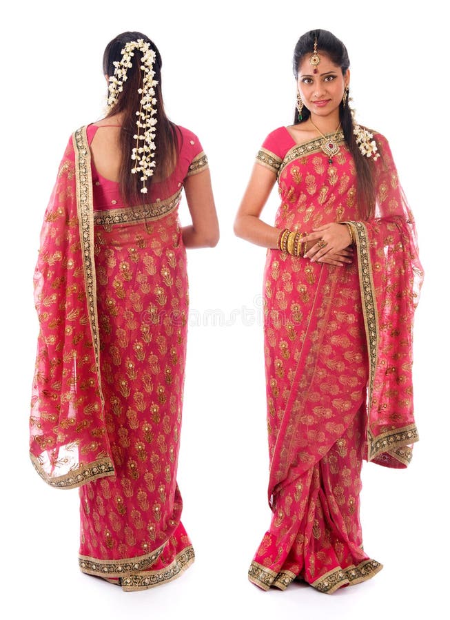indian girl full body traditional sari costume different angle front rear view standing isolated white background 34338896