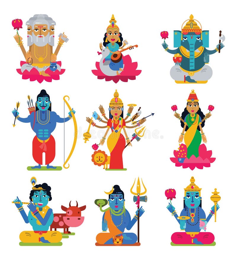 Indian god vector hindu godhead of goddess character and hinduism godlike idol Ganesha in India illustration set of