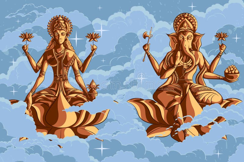 Indian Goddess Lakshmi and Ganesha on Lotus stock illustration