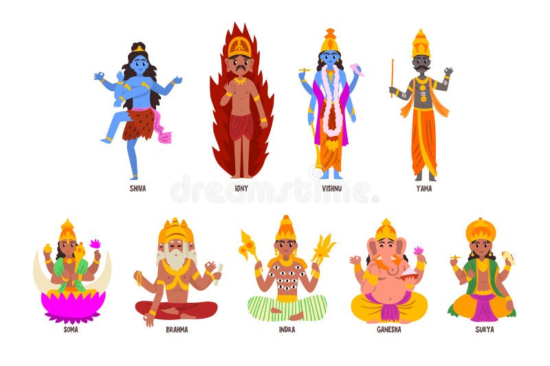 Indian Gods set, Shiva, Igny, Vishnu, Ganesha, Indra, Soma, Brahma, Surya, Yama god cartoon characters vector