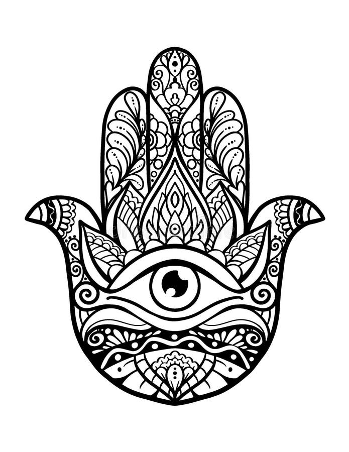 Indian Henna Tatoo Hamsa Hand with Ornament Outline, Isolated on White ...