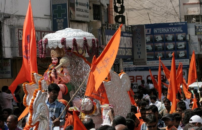 Indian Hindus take Hanuman jayanti procession, a Hindu celebration,with Hanuman Idol