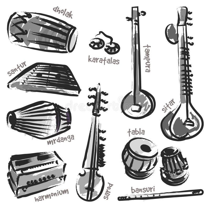 Classic acoustic and electric guitars, saxophone, violin, trumpet, upright  piano, conga drums and harp sketches. Vintage engraving musical instruments  icons for art, music, entertainment and education theme design usage:: موقع  تصميمي