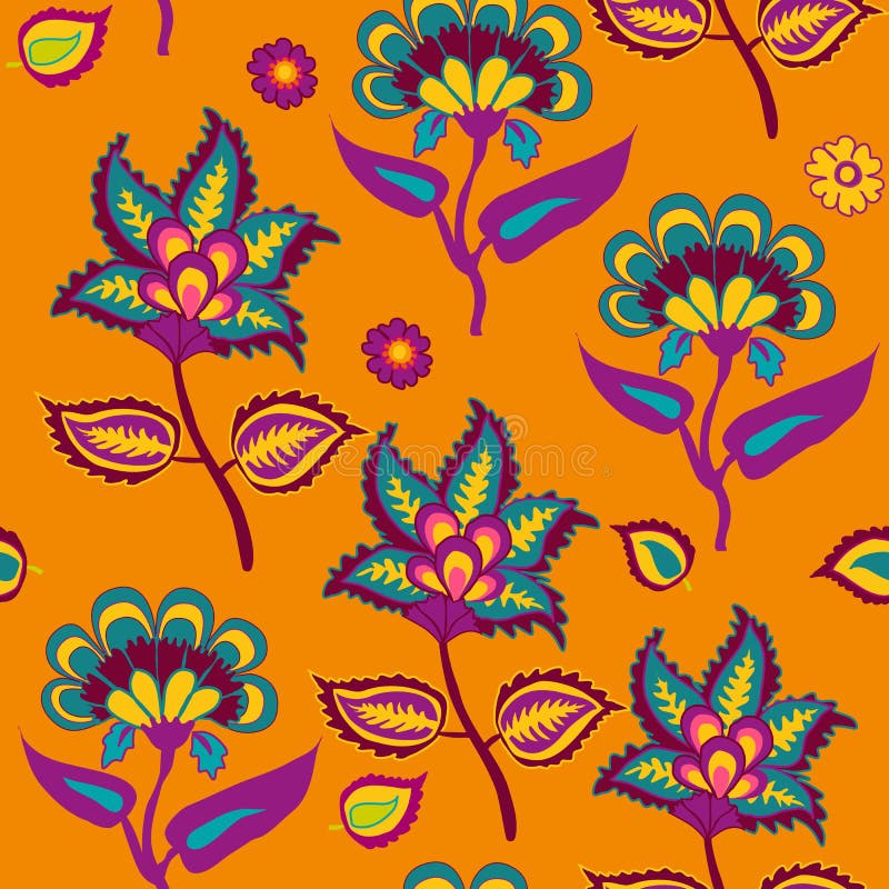 Indian Kalamkari Seamless Pattern on Orange Arabic Pasley backround Repeating Pattern Living Coral and Turqoise color royalty free illustration Indian Kalamkari Seamless Pattern on Orange Arabic Pasley backround Repeating Pattern Living Coral and Turqoise color royalty free illustration
