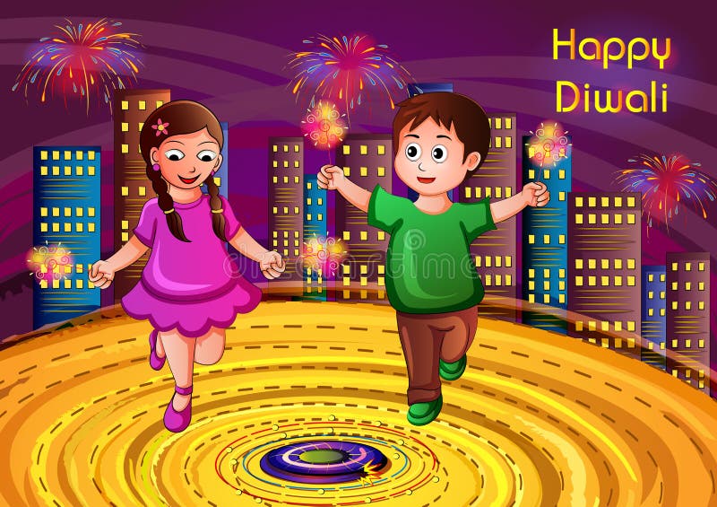 Vector design of Indian kids celebrating Happy Diwali on colorful art style background of India