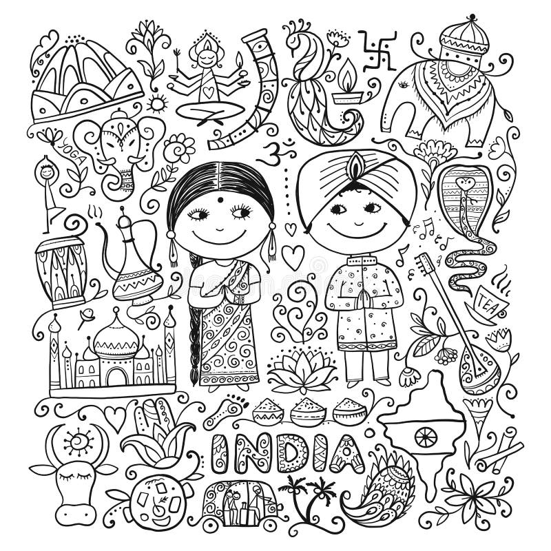 Indian lifestyle. Coloring page for your design. Vector illustration