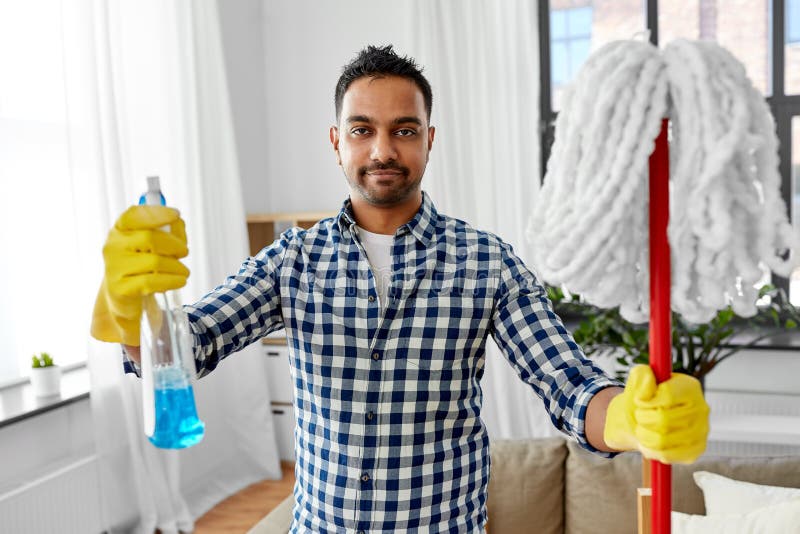 Indian Man with Mop and Detergent Cleaning at Home Stock Photo - Image ...