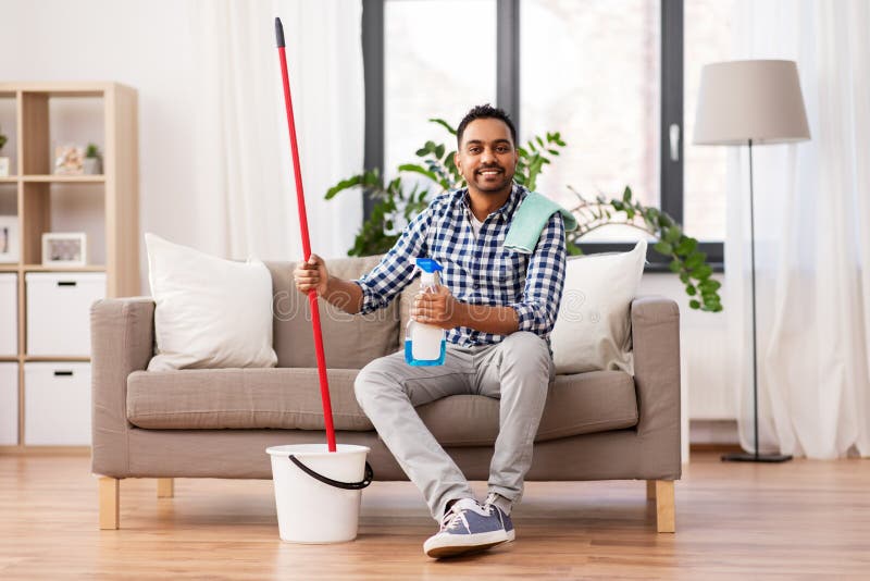Indian Man with Mop and Detergent Cleaning at Home Stock Image - Image ...