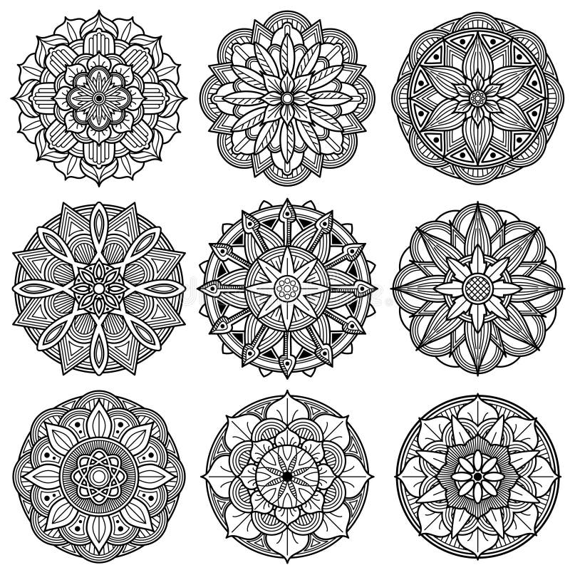 Indian meditation mandala patterns vector set royalty free illustration