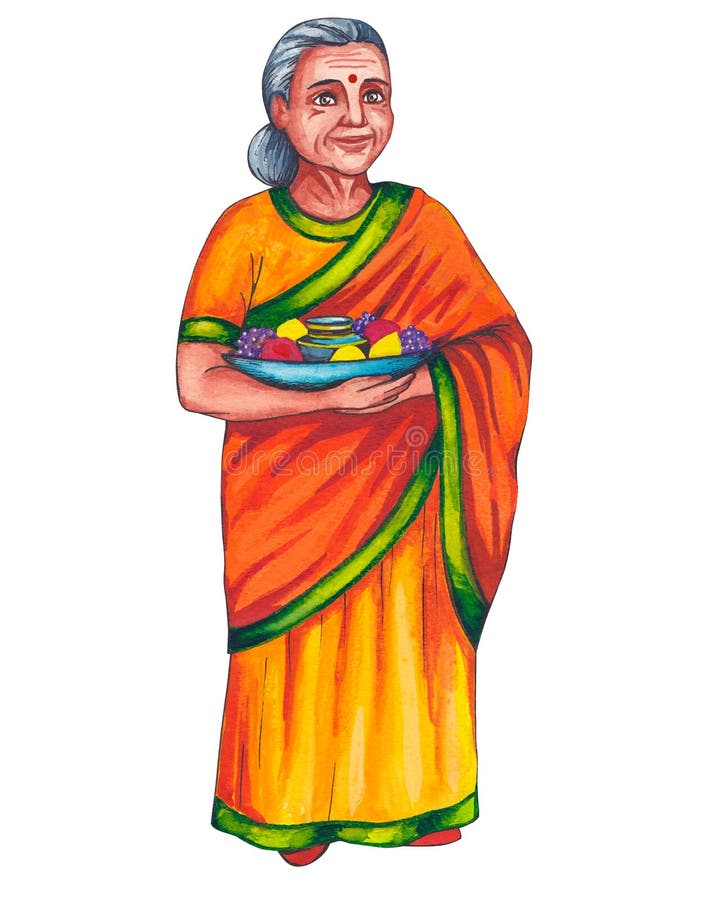 Indian Old Woman, Elderly Woman with Fruit at Dish Stock Illustration