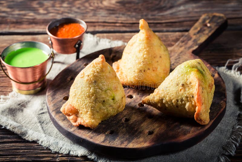 Indian Veg Samosa with Sauce and Chili Stock Image - Image of delicious