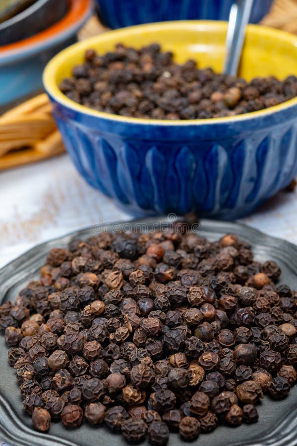Indian Spices Collection, Dried Black Peppercorns, Kitchen Spices Stock