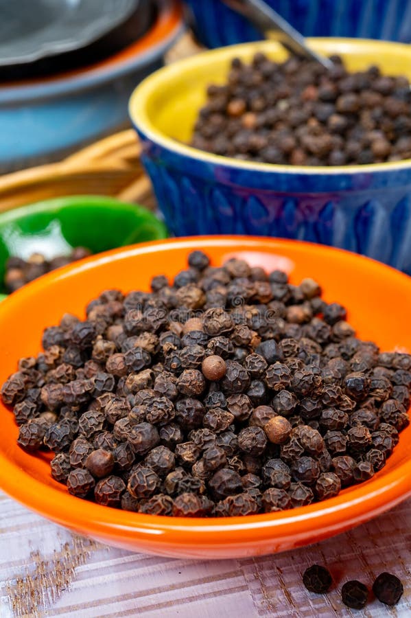 Indian Spices Collection, Dried Black Peppercorns, Kitchen Spices Stock