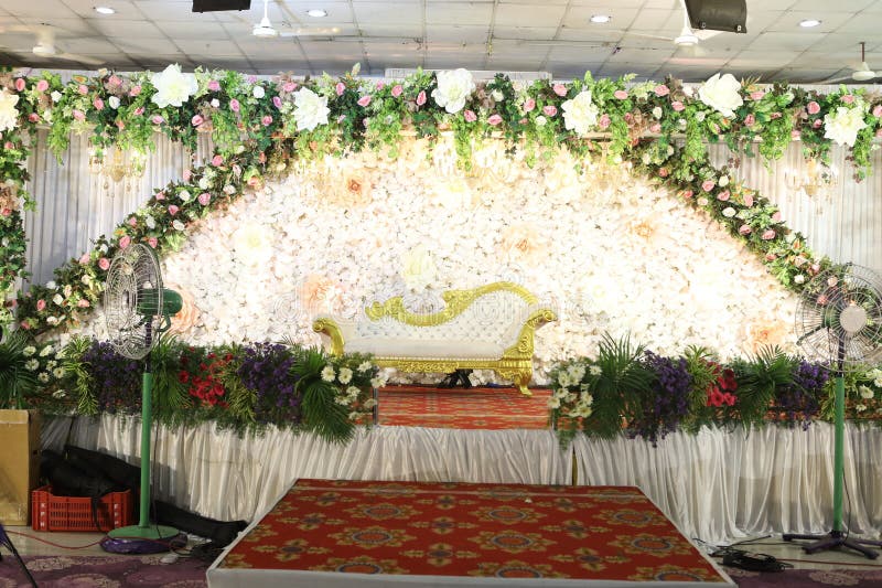 Indian Stage Decoration with Multi Color Flowers, Props and Lights Stock Photo Image of