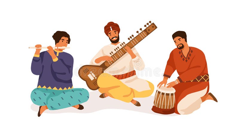 Indian street musicians playing traditional folk music on national instruments. Men in ethnic clothes performing on sitar, bansuri and drum. Flat vector illustration isolated on white background. Indian street musicians playing traditional folk music on national instruments. Men in ethnic clothes performing on sitar, bansuri and drum. Flat vector illustration isolated on white background.