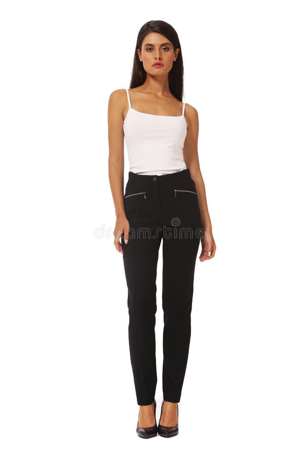 Indian student model girl posing in white tank top and black trousers