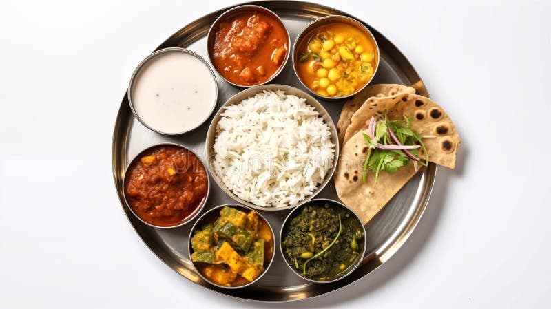 Indian Thali Assorted Vegetarian Meze with Boiled Basmati Rice Stock