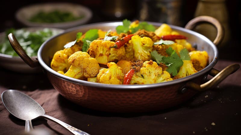 Indian Vegan Aloo Gobi Dish with Potatoes and Cauliflower. AI