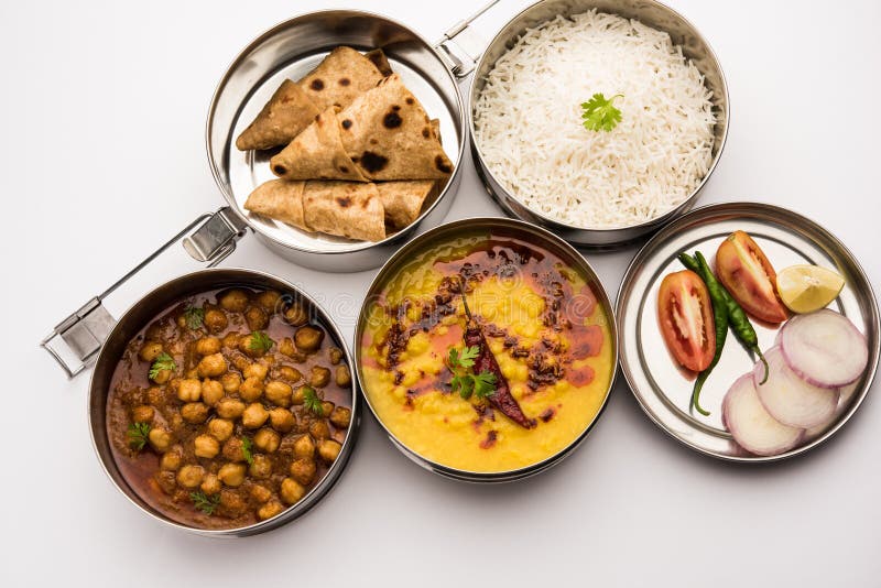 Indian Veg Lunchbox for office of workplace with chole, dal fry rice and chapati