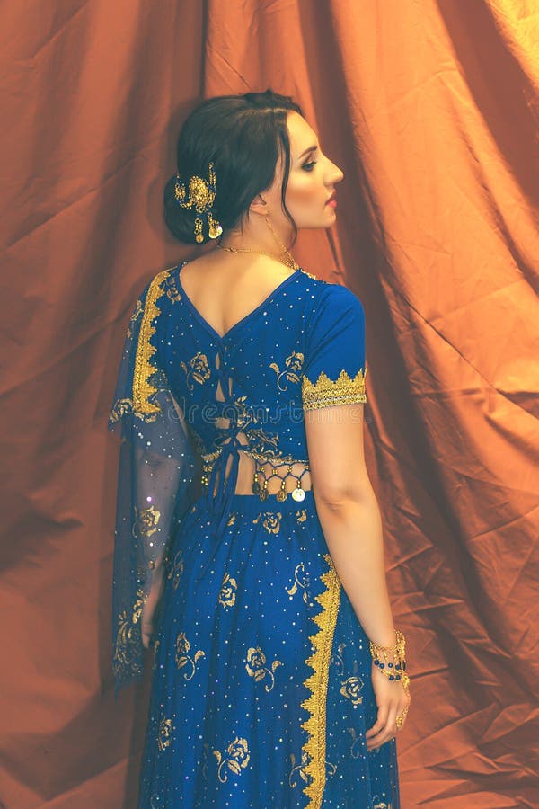 Indian Woman Cosplay. Young Beautiful Woman in Blue Indian Sari Dress ...