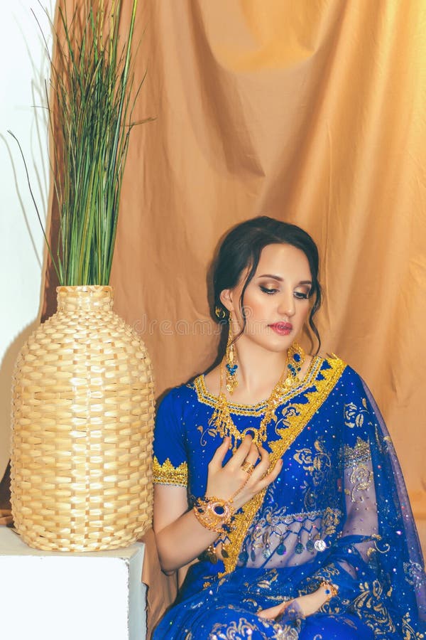 Indian Woman Cosplay. Young Beautiful Woman in Blue Indian Sari Dress ...