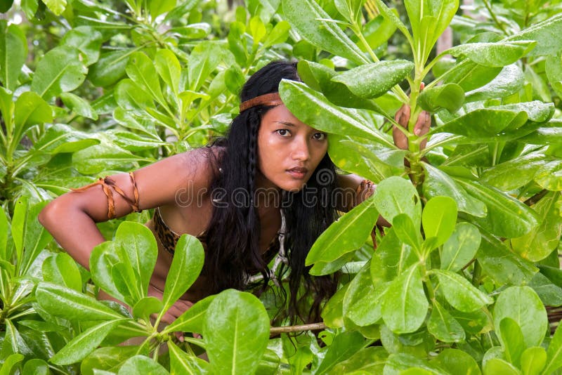 Indian woman hiding in the green foliage in the jungle. Indian woman hiding in the green foliage in the jungle