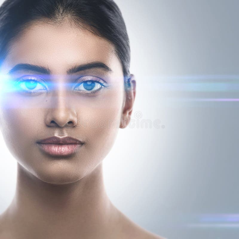 Indian woman in light of optical flares. Concepts of laser eye surgery or visual acuity check-up