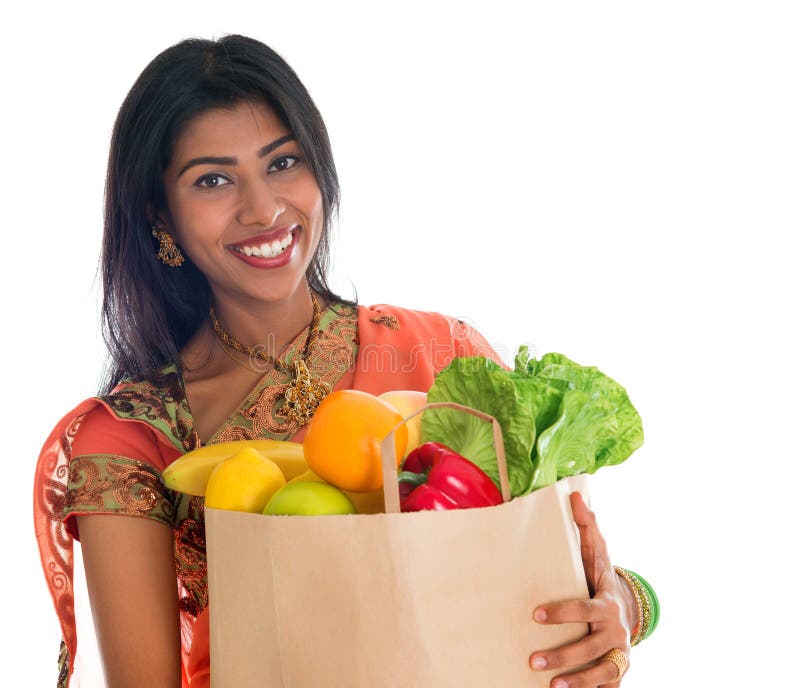 Indian Woman In Sari Dress Groceries Shopping Stock Image - Image of isolated, fruits: 33085893