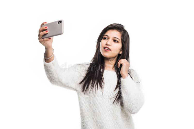 Indian Young Girl Taking Selfie with Smartphone Isolated on White Background  Stock Image - Image of isolated, happiness: 144540811