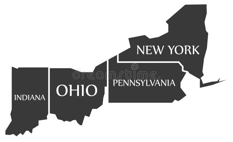 Indiana - Ohio - Pennsylvania - New York Map Labelled Black Stock ...