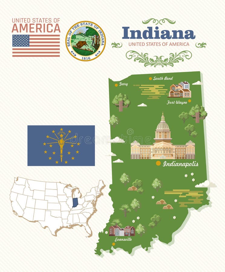 Indiana State översikt Amerika tillstånd förenade Vykort från Indianapolis Loppvektor stock illustrationer Indiana State översikt Amerika tillstånd förenade Vykort från Indianapolis Loppvektor stock illustrationer